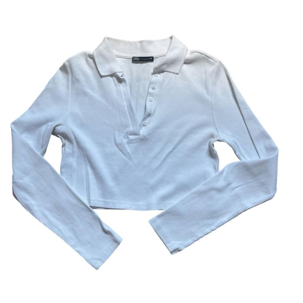 Zara White Ribbed Long Sleeve Cropped Henley Polo Top L
